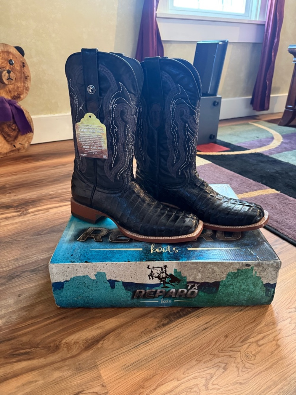 Tanner Mark Lufkin Caiman Exotic Print Leather Western Boots Mens size 10 Black